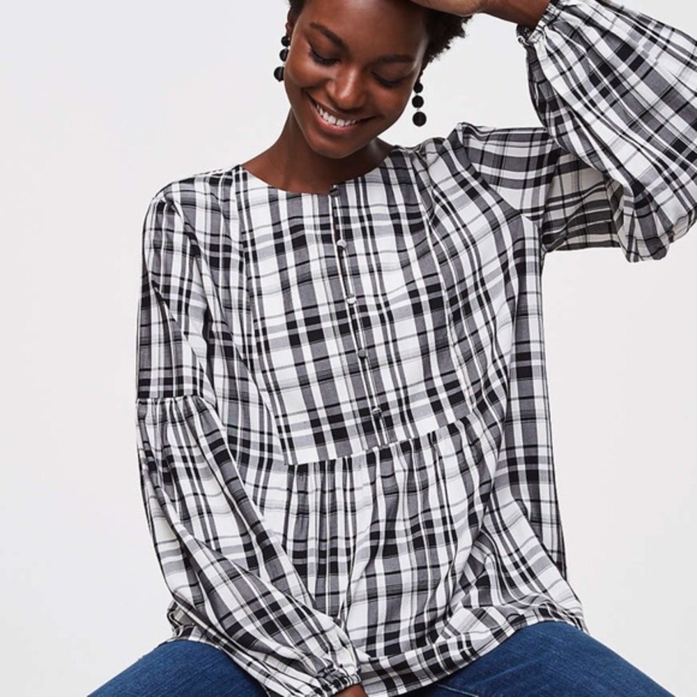 LOFT Black and White Plaid Henley Blouse Sz S